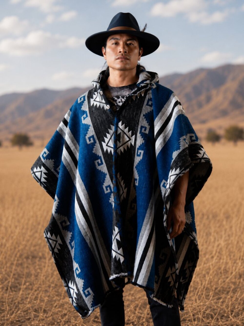 Handwoven Unisex Native American Hooded Wool Poncho - 100% Wool Pullover Coat